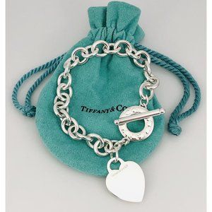 Large 9" Tiffany & Co Sterling Silver Blank Heart Tag Toggle Charm Bracelet